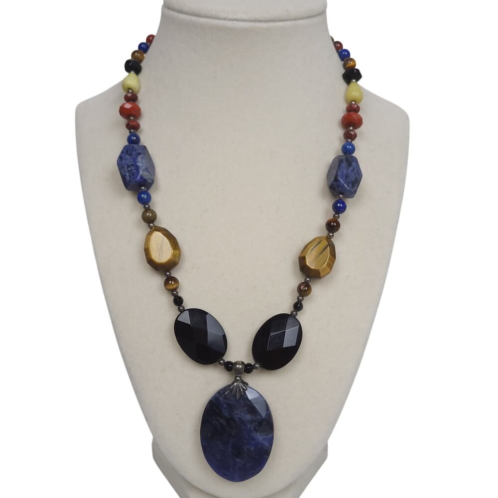 Vtg Large Sodalite Pendant 925 Necklace Gemstone Carnelian Tiger Eye Onyx Bead